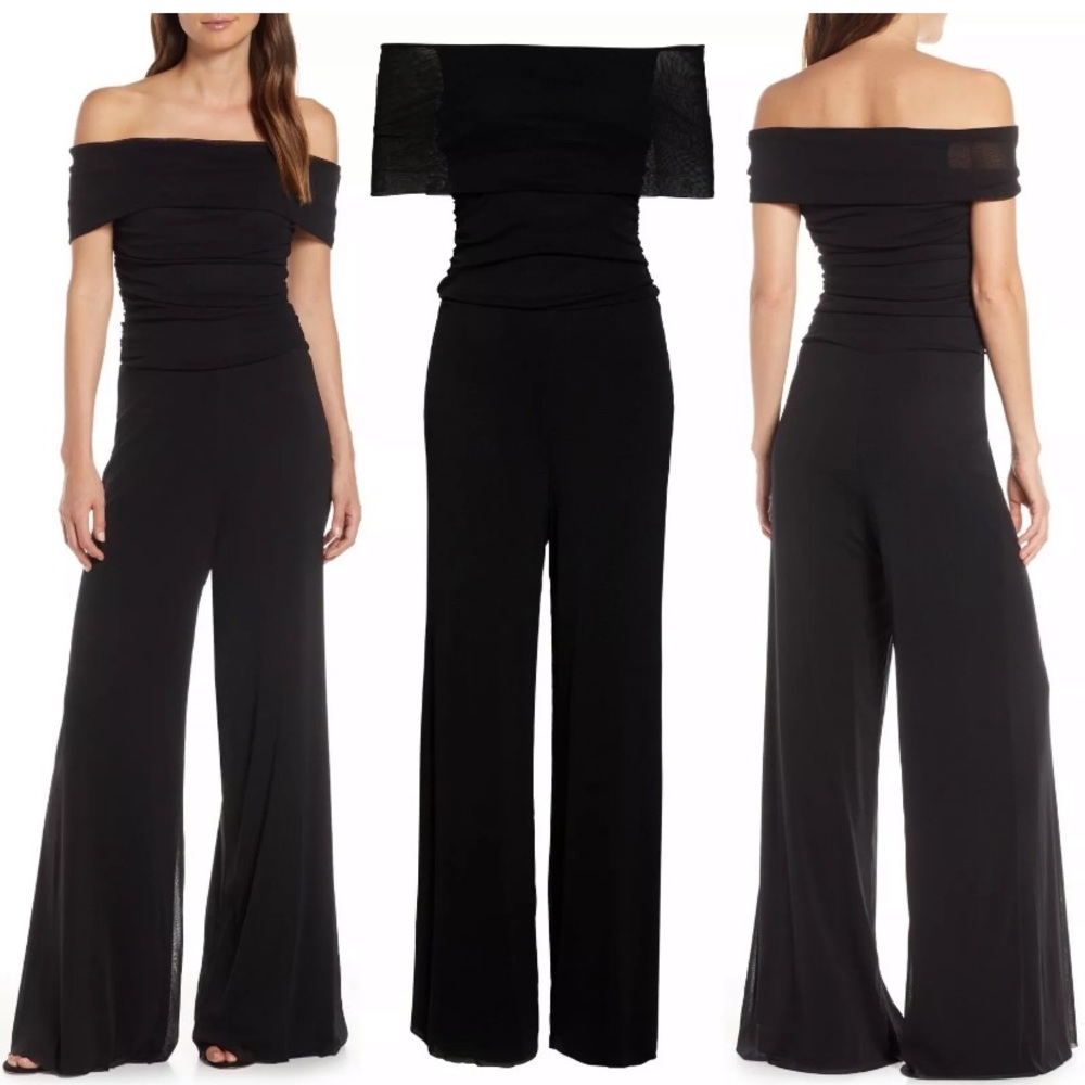 Eliza J off the shoulder  mesh wide leg jumpsuit